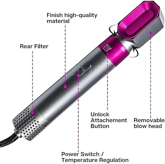 Trending Height 5-in-1 hair dryer brush showing rear filter, unlock attachment button, power switch, and removable blow head