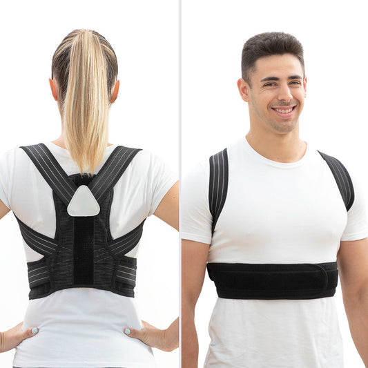 Trending Height adjustable back posture corrector worn by man and woman showing front and back views
