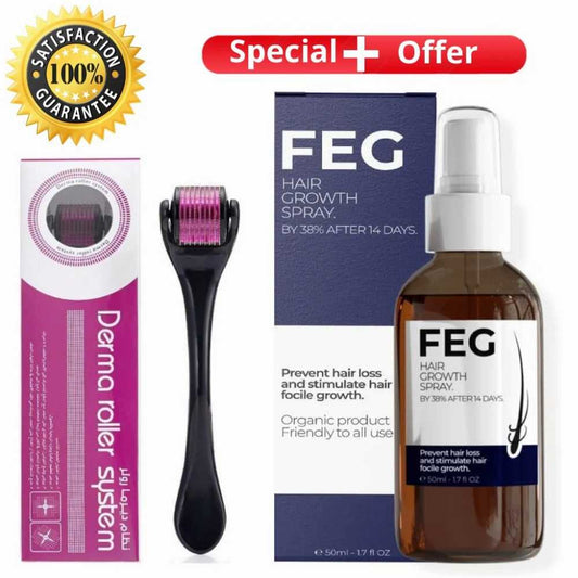 FEG hair growth spray with derma roller system and packaging for preventing hair loss and stimulating hair growth