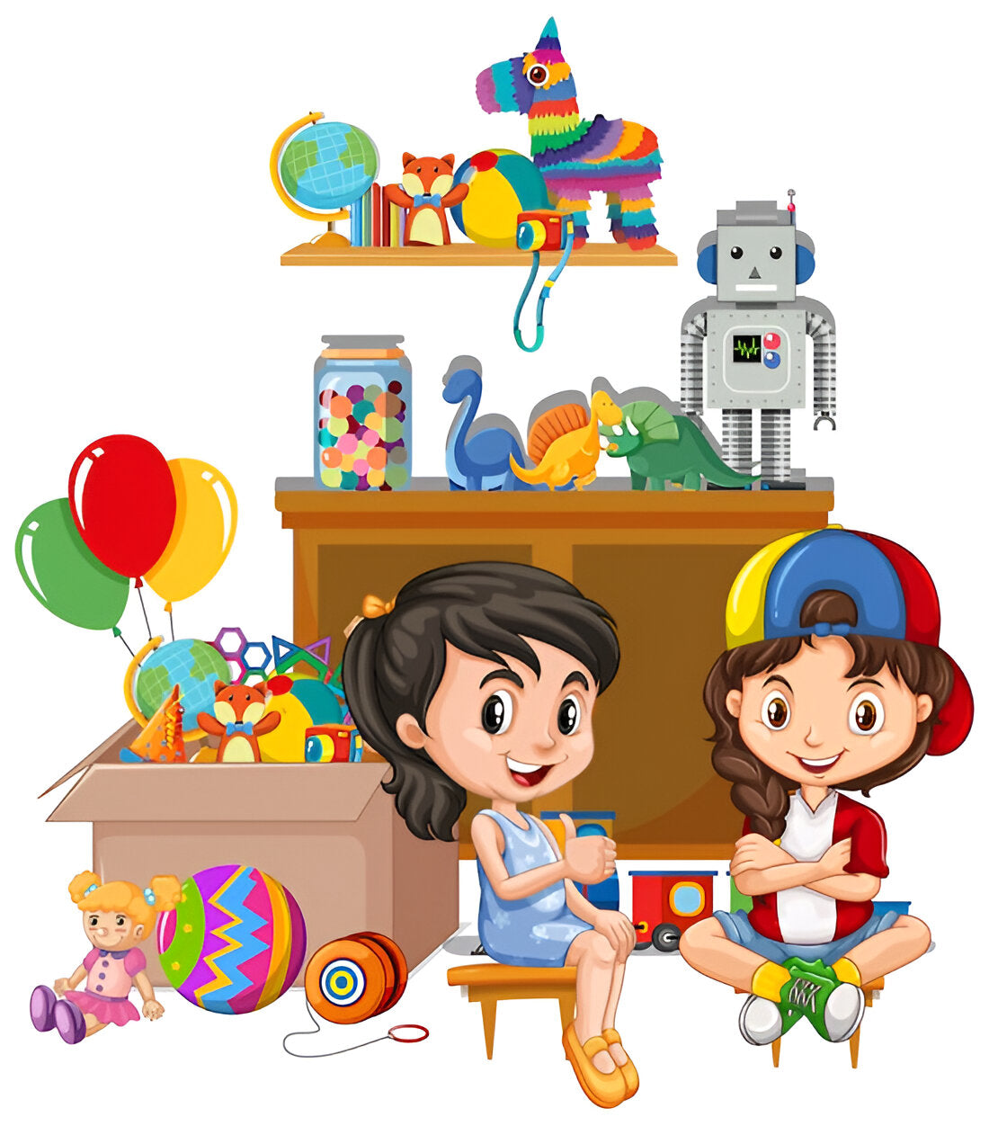 Two kids playing surrounded by colorful baby toys and accessories online including balloons, dinosaurs, robot, and learning toys