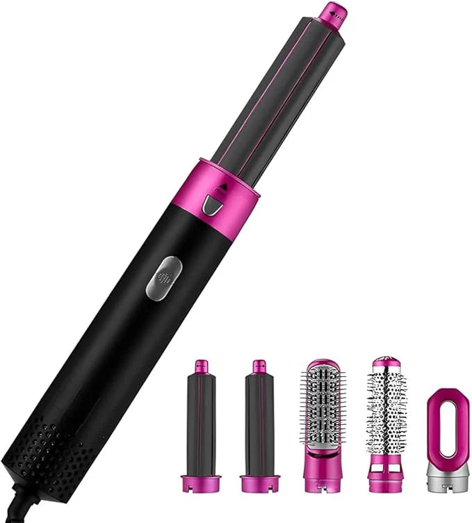 Trending Height 5-in-1 hair dryer brush with multiple interchangeable styling attachments in black and pink