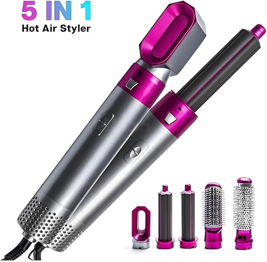 Trending Height 5-in-1 hair dryer brush with multiple interchangeable styling attachments in silver and purple