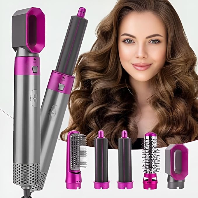 Trending Height 5-in-1 hair dryer brush with multiple styling attachments and a woman with voluminous curls