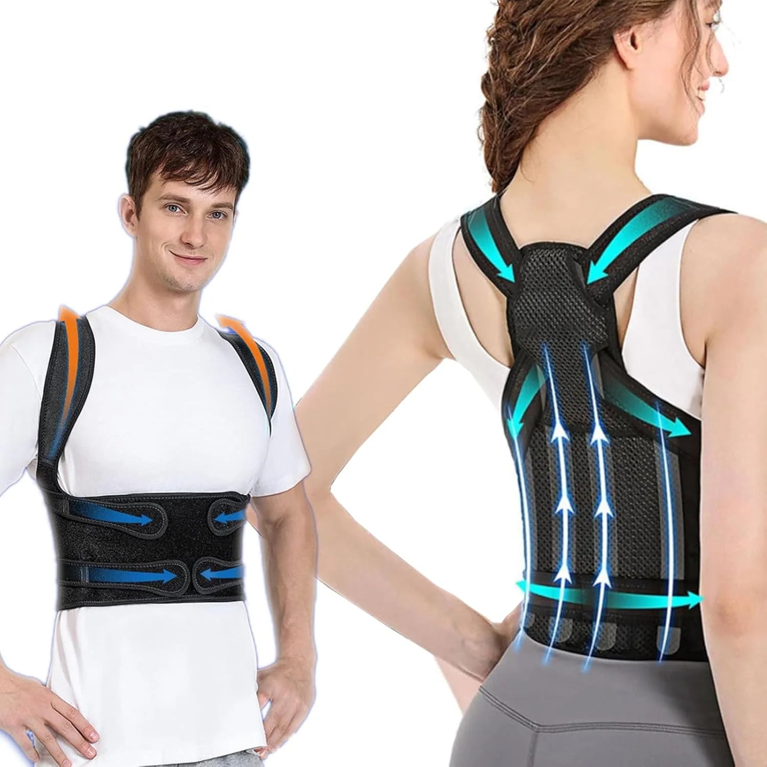 Adjustable back posture corrector worn by man and woman showing support and alignment arrows