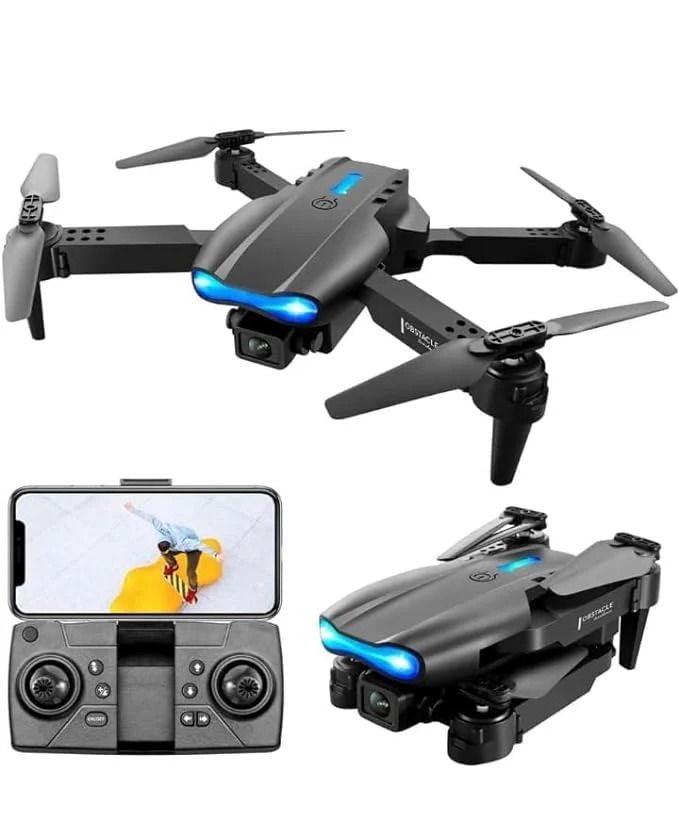 Trending Height E99 drone with camera showing folded and unfolded views with remote controller and smartphone holder