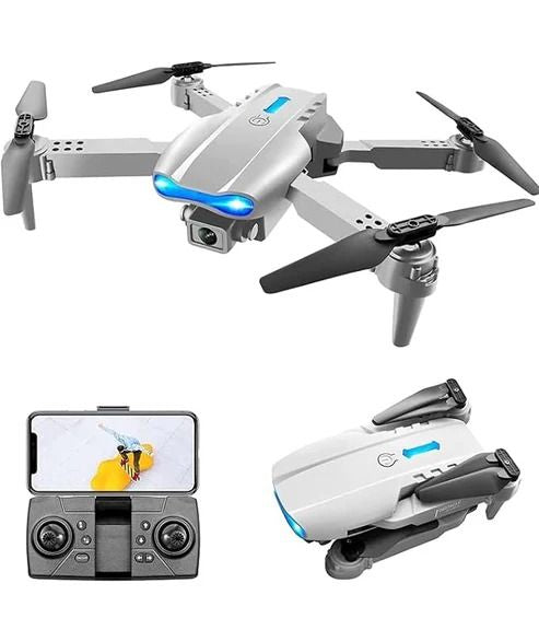 E99 drone with camera by Trending Height shown flying, folded for storage, and with remote controller and smartphone