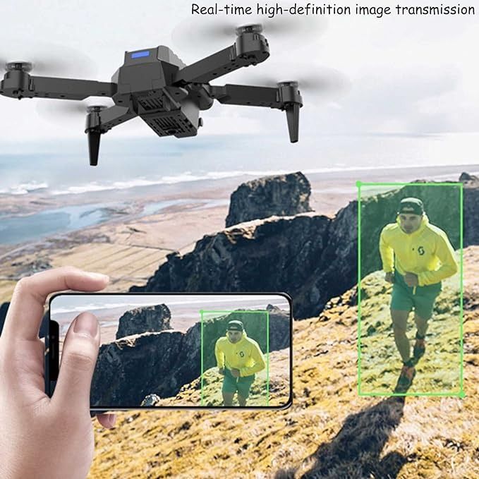 Trending Height E99 drone with camera capturing real-time high-definition image of a man running on rocky terrain