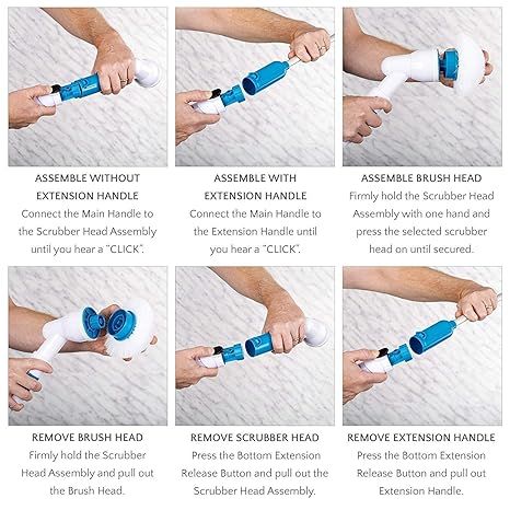 Step-by-step assembly and removal instructions for Trendy Height electric spin scrubber for bathroom cleaning