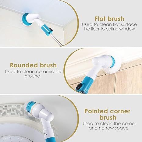 Electric spin scrubber for bathroom with flat, rounded, and pointed corner brushes for versatile cleaning