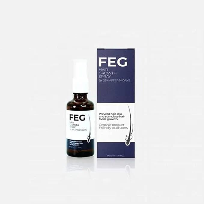 FEG hair growth spray with derma roller bottle and packaging for hair loss prevention