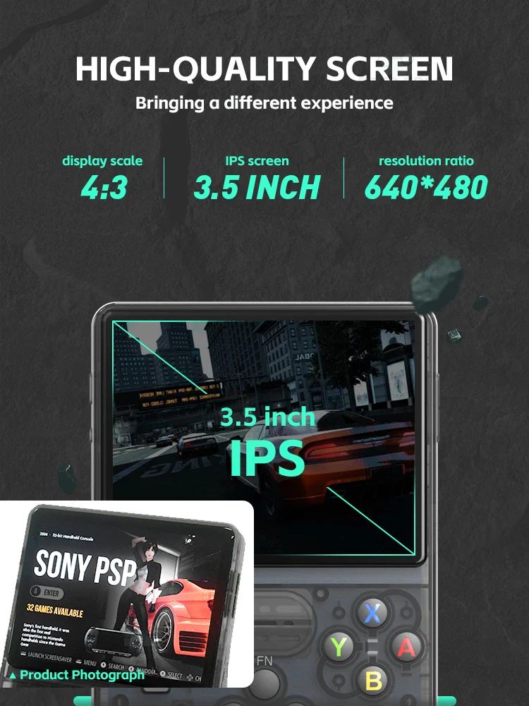 Trending Height retro handheld game console with 3.5 inch IPS screen and 640 by 480 resolution