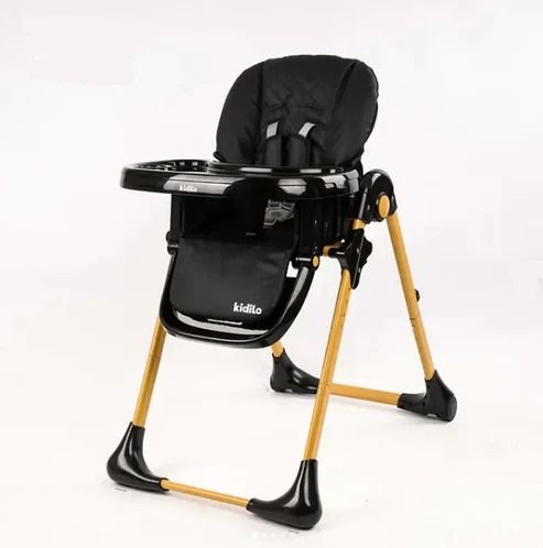 Trending Height foldable baby high chair in black with wooden legs and safety harness