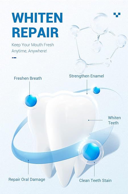 Teeth whitening mousse infographic showing benefits like freshening breath and strengthening enamel