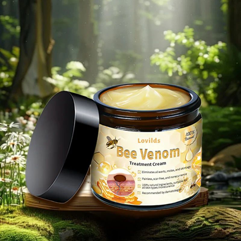 Trending Height bee venom face cream jar with open lid showing creamy texture in natural forest setting