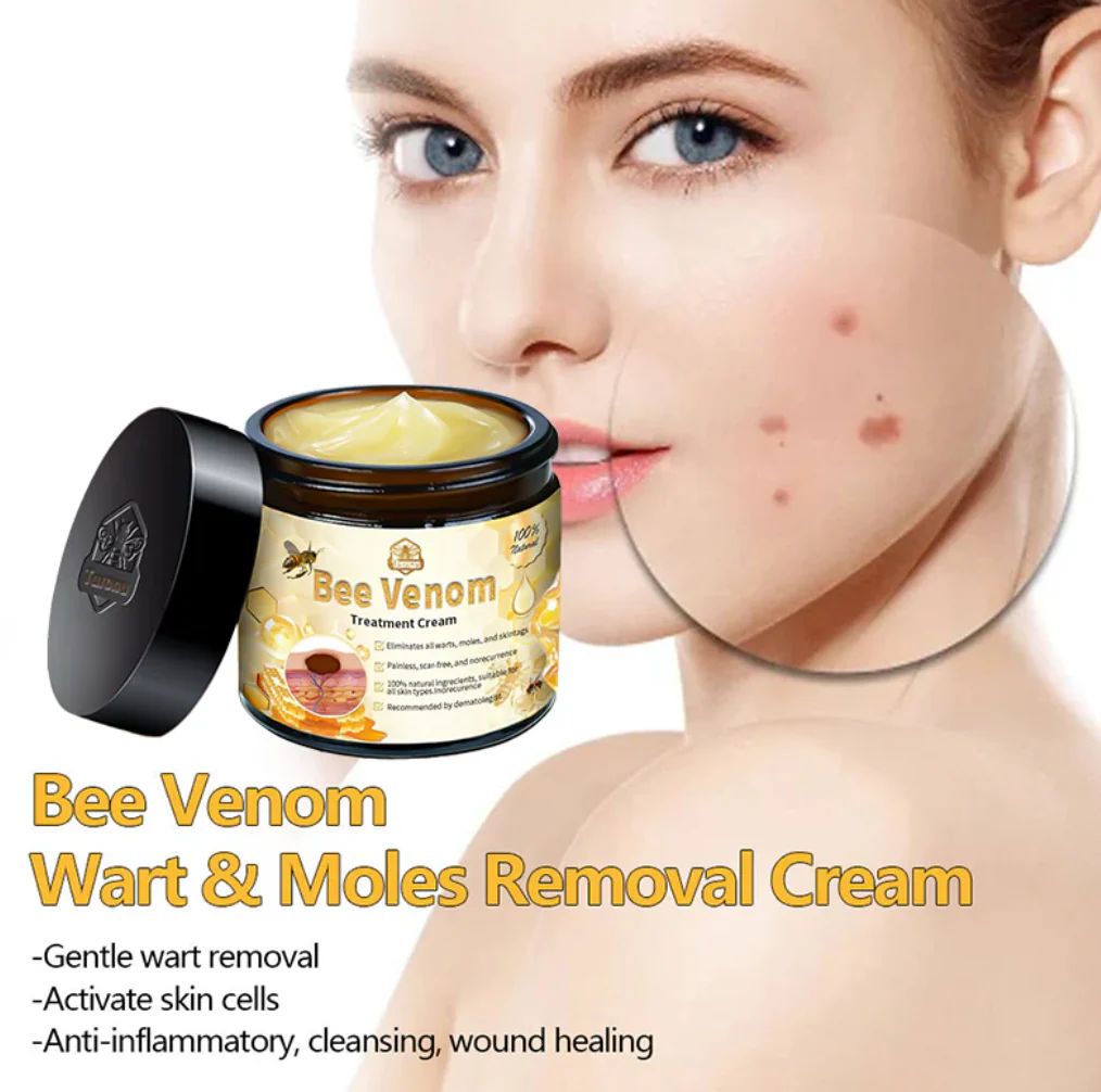 Trending Height bee venom face cream jar with wart and mole removal benefits shown on woman's face