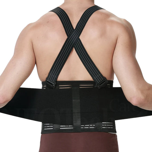 Trending Height lower back pain relief brace with adjustable straps worn on a man's back