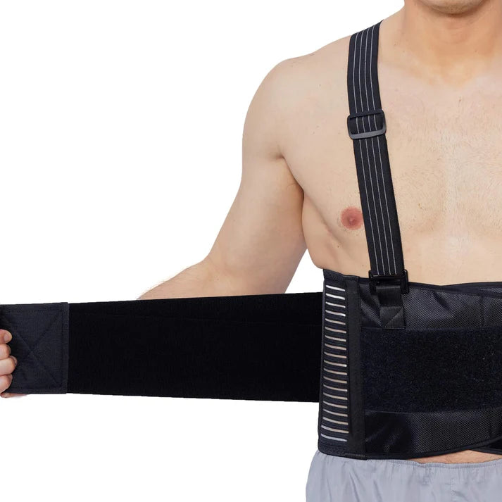 Trending Height lower back pain relief brace worn by shirtless man with adjustable straps