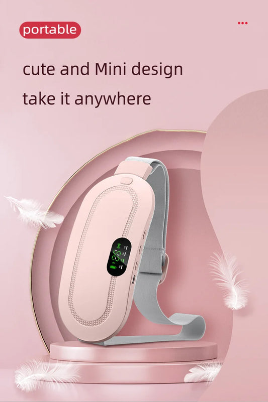 Portable pink menstrual heating belt with digital display and adjustable strap for on-the-go use