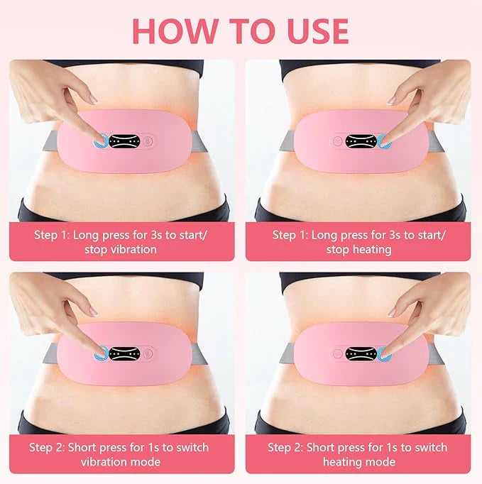 Instructions for using the pink menstrual heating belt from Trending Height with vibration and heating modes