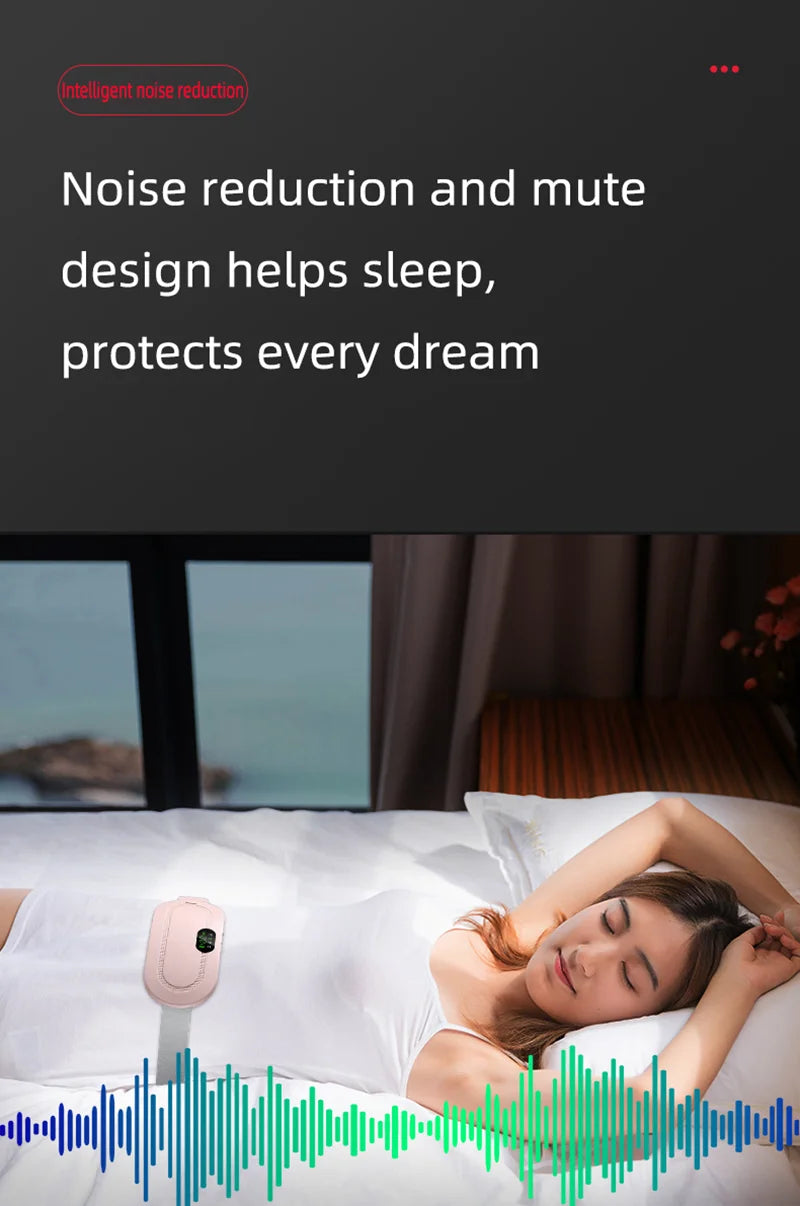 Woman sleeping peacefully showing noise reduction feature of menstrual heating belt by Trending Height