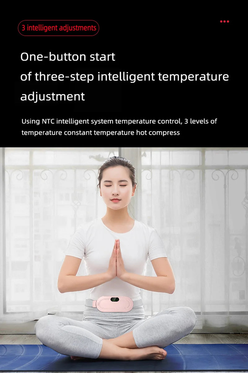 Woman meditating wearing a pink menstrual heating belt by Trending Height with intelligent temperature control