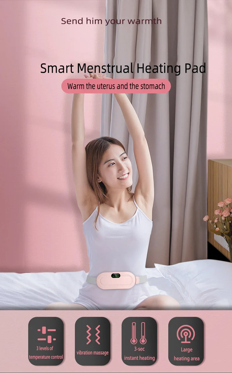 Trending Height menstrual heating belt worn by woman sitting on bed for uterus and stomach warmth