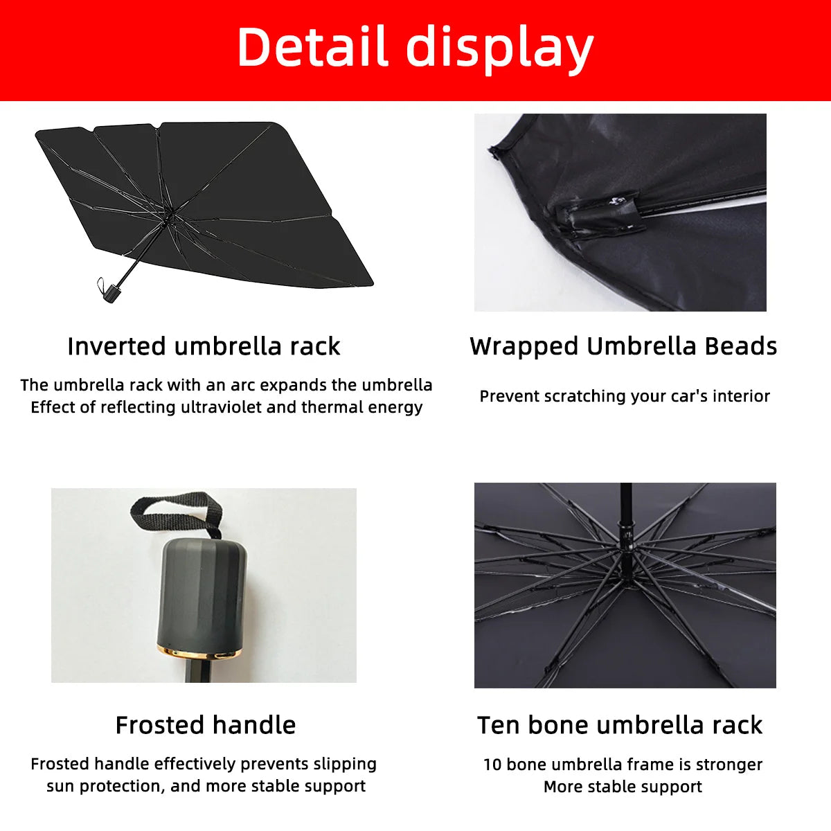 Trending Height umbrella style car sun shade with inverted rack frosted handle and wrapped umbrella beads