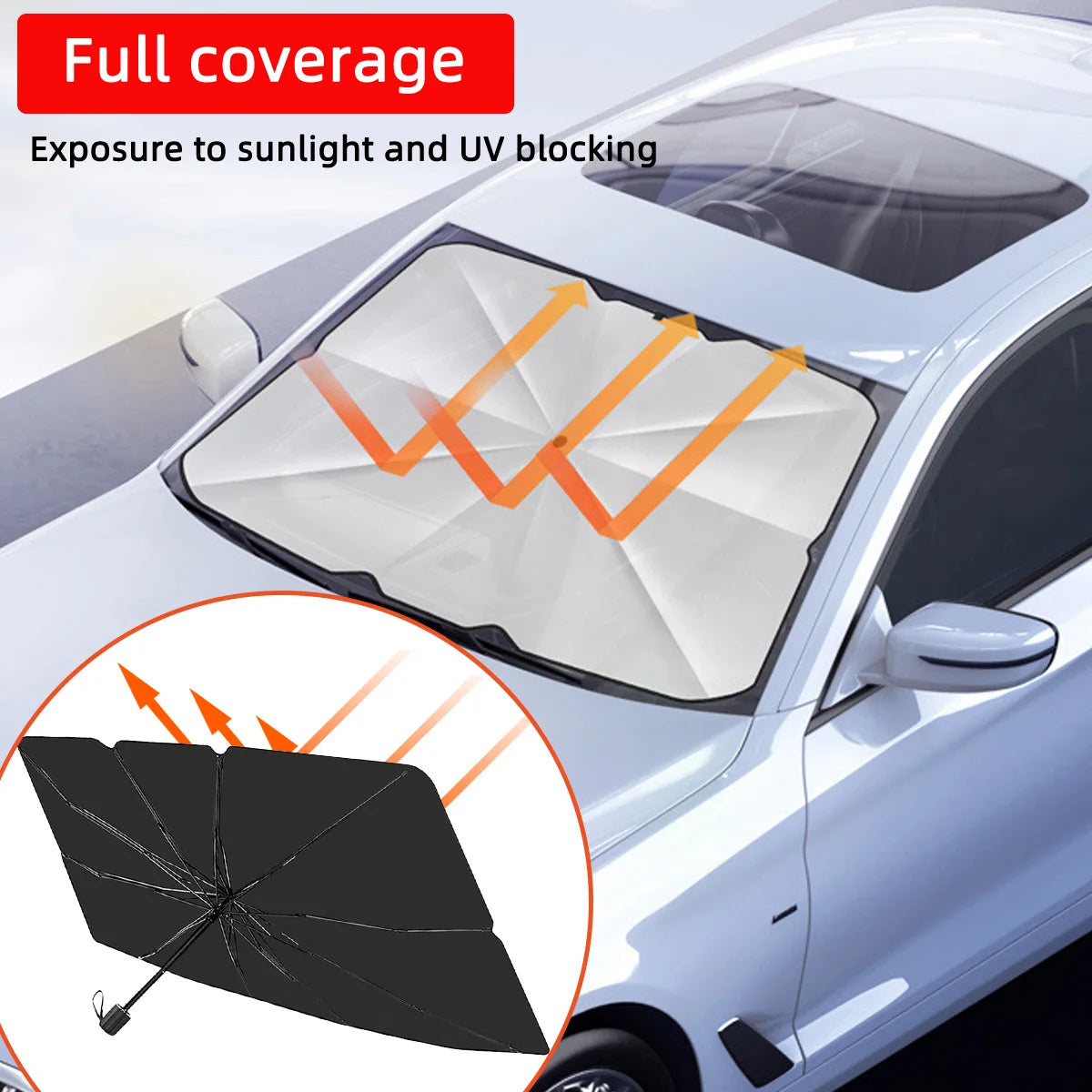 Trending Height umbrella style car sun shade providing full coverage and UV blocking on car windshield