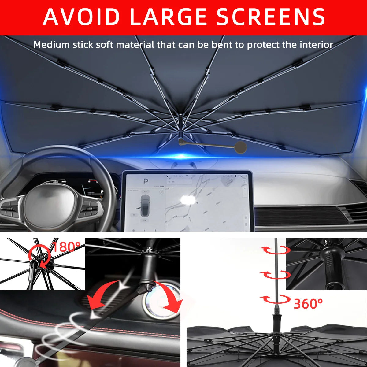 Trending Height umbrella style car sun shade protecting dashboard with 360-degree adjustable frame