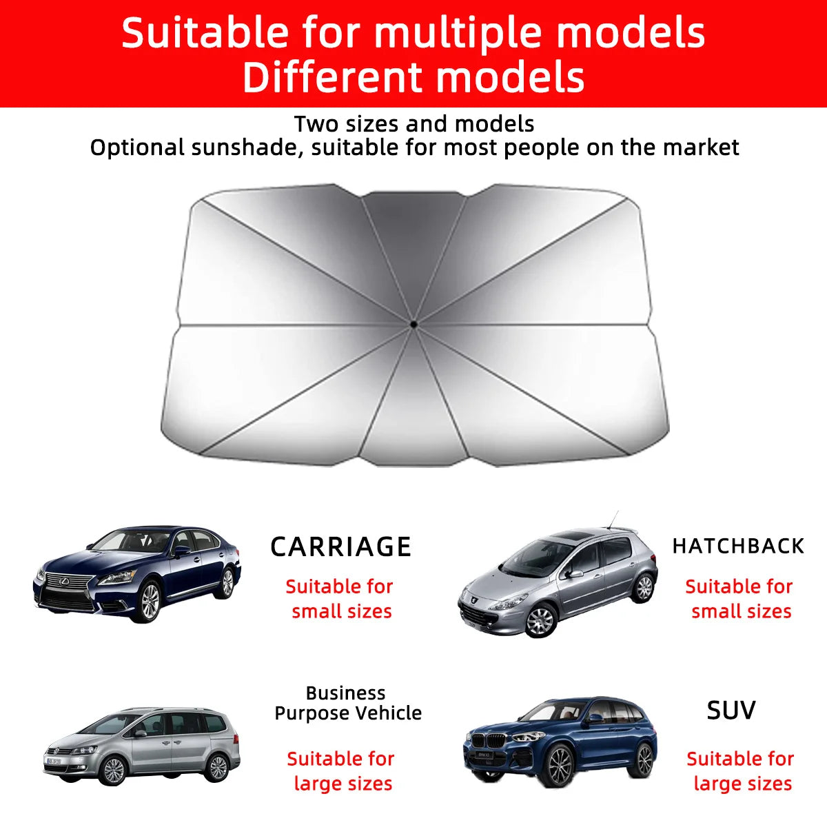 umbrella style car sun shade suitable for multiple vehicle models including sedan hatchback SUV and business vehicles