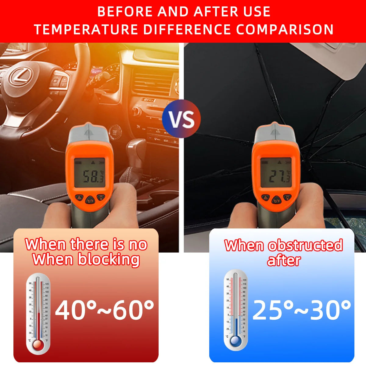 Temperature comparison inside car before and after using umbrella style car sun shade showing cooler interior