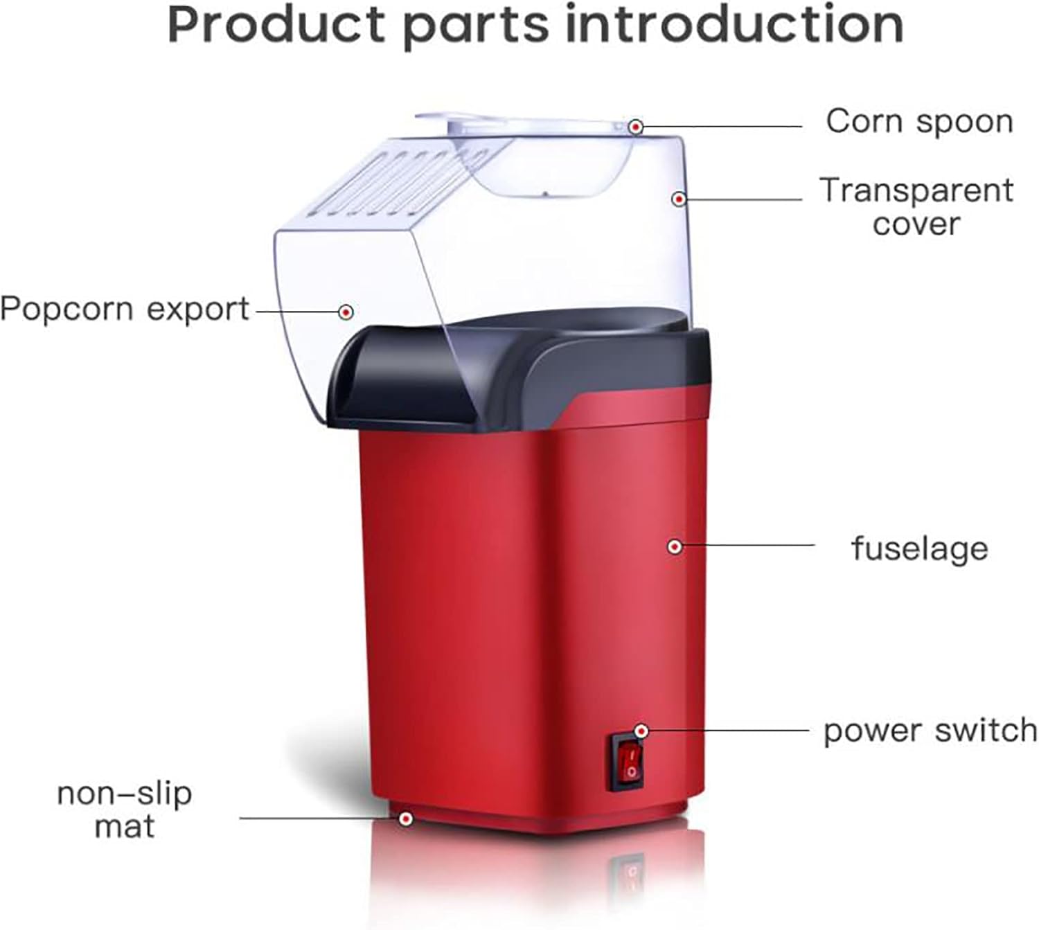 Red oil-free popcorn maker with transparent cover, corn spoon, power switch, and non-slip mat