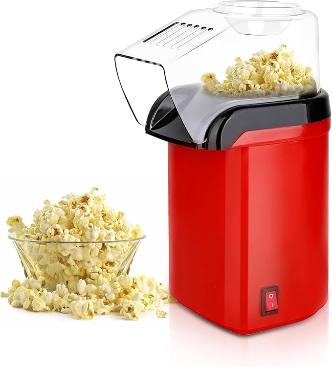 Trending Height red oil-free popcorn maker with clear lid and bowl of freshly popped popcorn