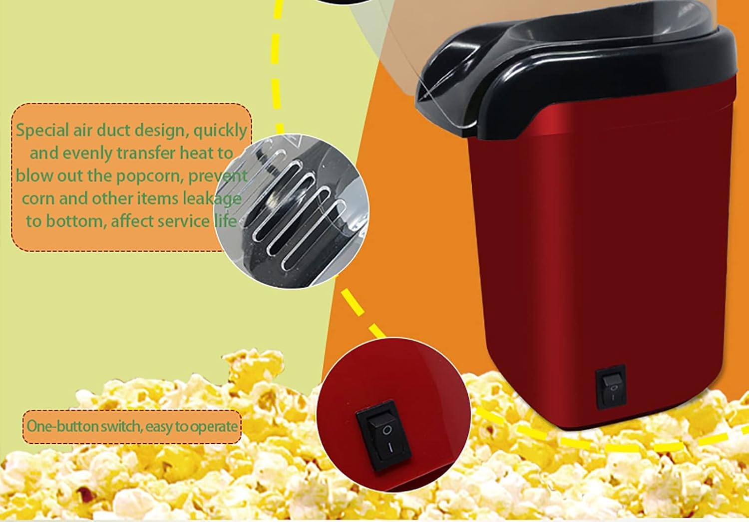 Trending Height oil-free popcorn maker in red with black top and one-button switch for easy operation