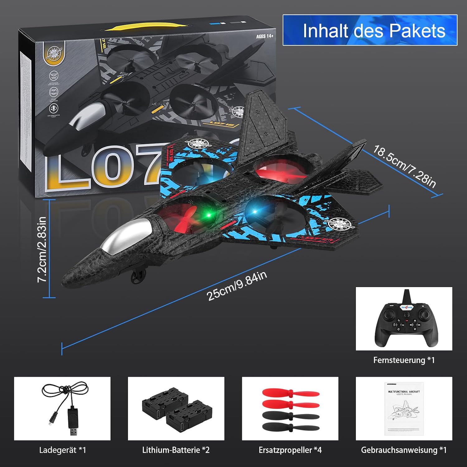 Trending Height remote control fighter jet toy with black design LED lights and accessories including controller and batteries