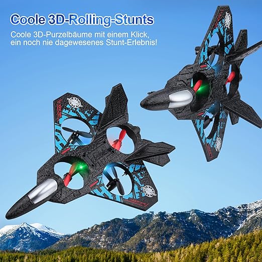 Trending Height remote control fighter jet toy performing 3D rolling stunts in clear sky above mountains