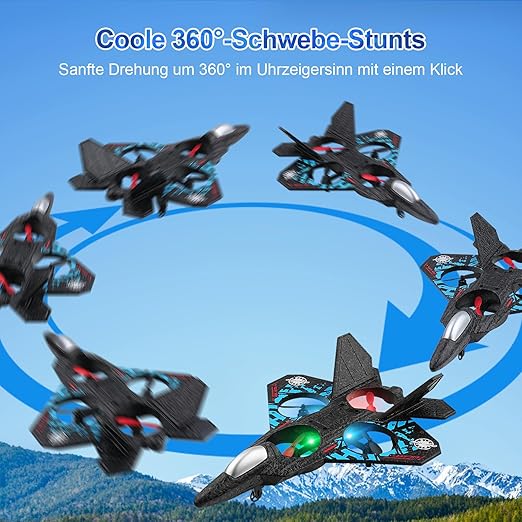 Trending Height remote control fighter jet toy performing 360-degree stunts in blue sky over mountains
