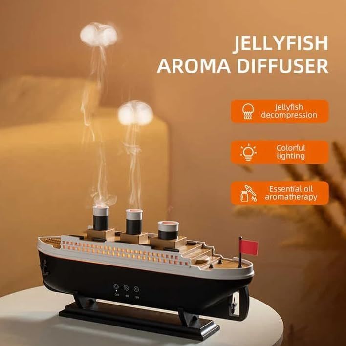 Titanic ship humidifier diffuser releasing mist with colorful lighting for essential oil aromatherapy