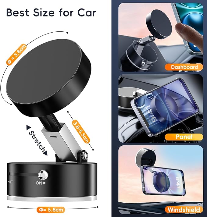 Foldable magnetic car phone holder by Trending Height shown in black with adjustable arm mounted on dashboard panel and windshield