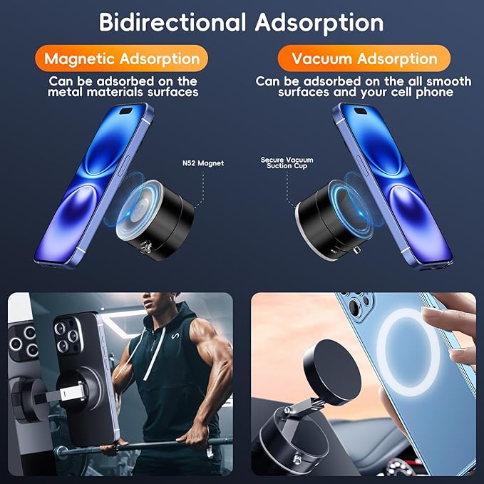 Foldable magnetic car phone holder by Trending Height showing bidirectional adsorption with magnetic and vacuum suction for phones