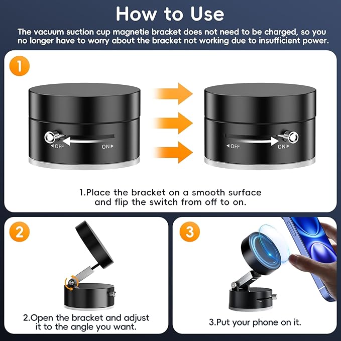 Instructions for using foldable magnetic car phone holder with switch, adjustable angle, and phone placement