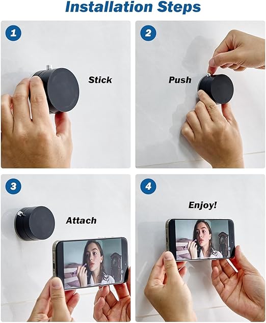 Step-by-step installation of foldable magnetic car phone holder showing stick push attach and phone use