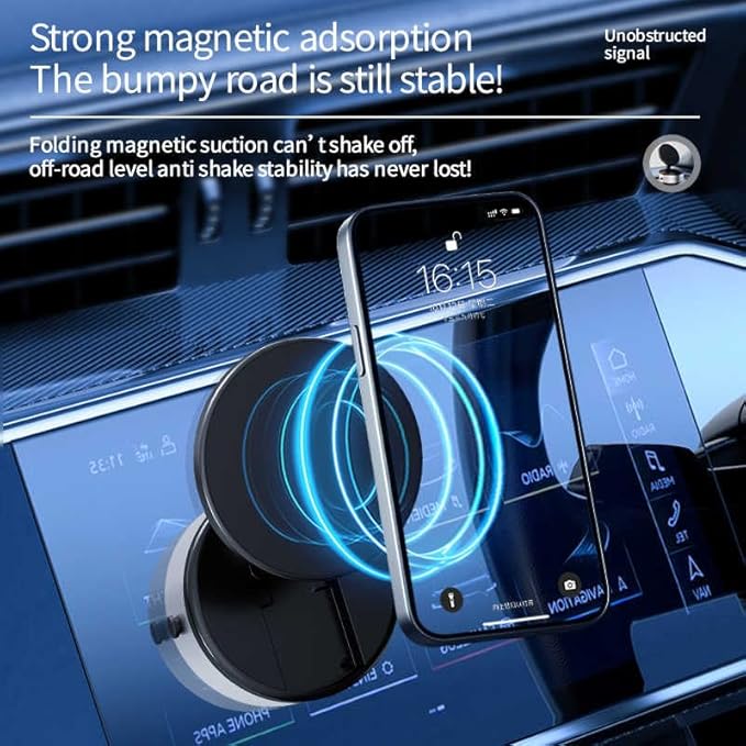 Foldable magnetic car phone holder securely attached to car dashboard with strong magnetic adsorption