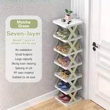 Seven-layer x shaped shoe rack in matcha green holding multiple pairs of shoes by TRENDING HEIGHT